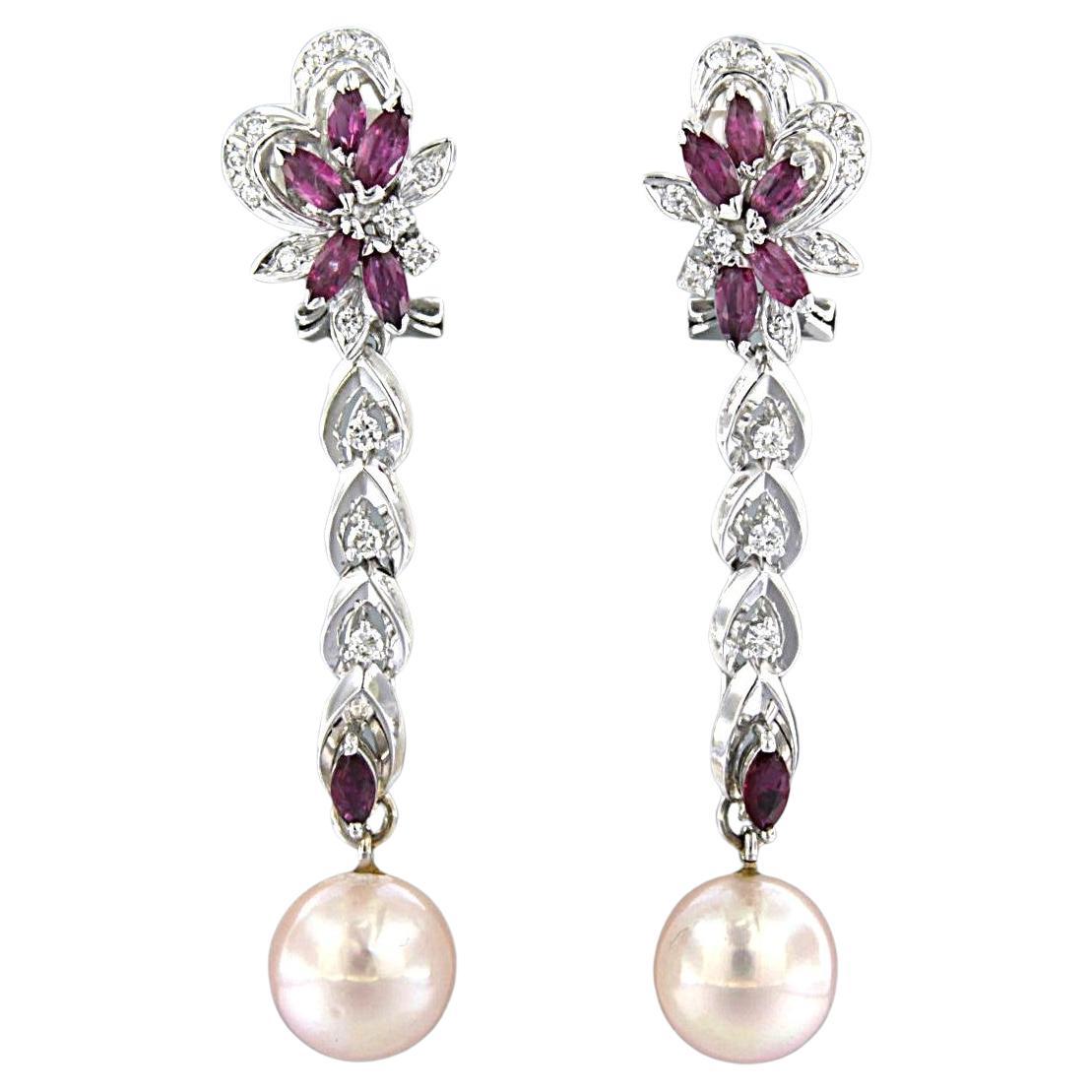Orecchini con perle, rubini e diamanti taglio brillante fino a 0,30ct in oro 14k