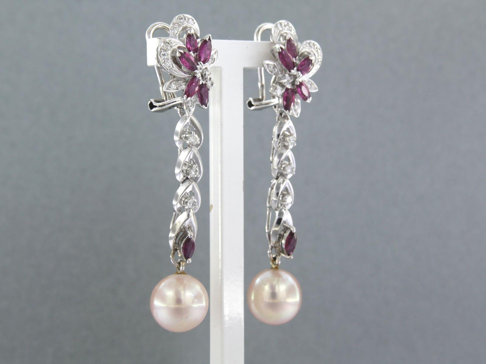 Women's Earrings with pearl, ruby and brilliant cut diamonds up to 0.30ct 14k white gold For Sale