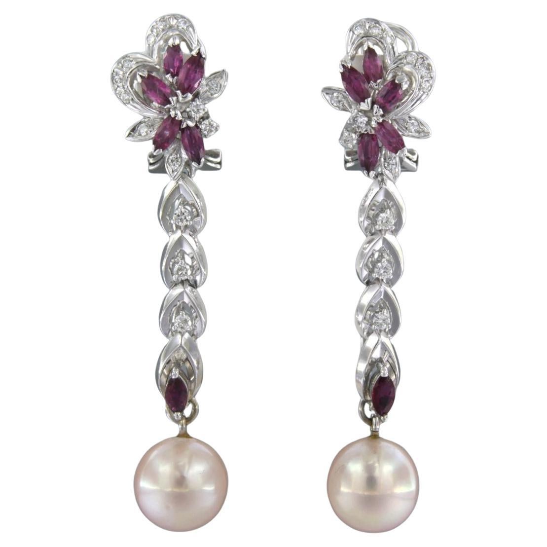 Earrings with pearl, ruby and brilliant cut diamonds up to 0.30ct 14k white gold For Sale