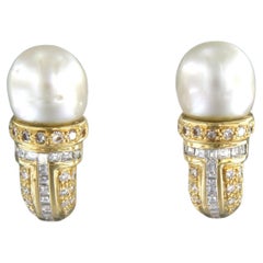 Boucles d'oreilles en or 18 carats avec diamants taille carrée, perles et brillantes jusqu'à 1,50 carat