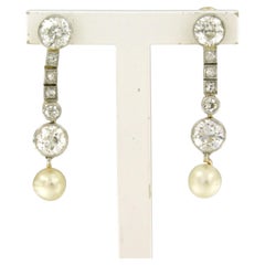 Earrings with pearls and old mine cut diamond up to 2.00ct 14k gold and platinum