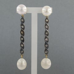 Earrings with pearls and rose cut diamonds up to 0.05ct 14k gold and silver
