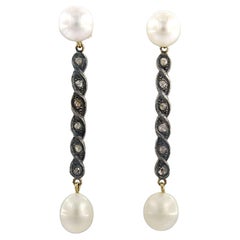 Boucles d'oreilles en or et argent 14 carats avec perles et diamants taille rose jusqu'à 0,05 carat