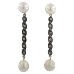 Pendientes con perlas y diamantes talla rosa de hasta 0,05 ct Oro de 14k y plata