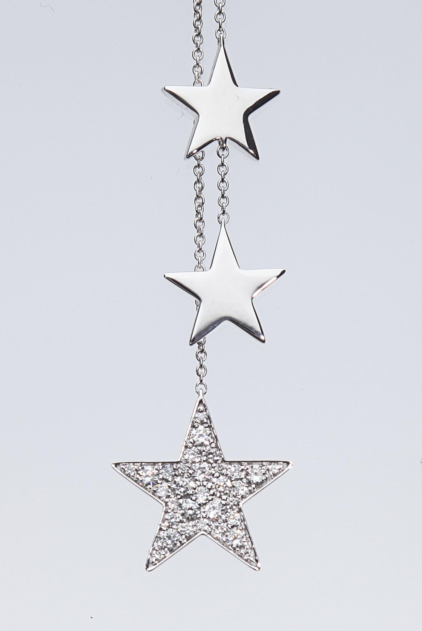 Modern Earrings with Pendent Diamond Stars 18 Karat White Gold For Sale