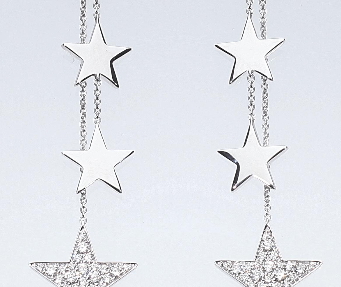 Women's Earrings with Pendent Diamond Stars 18 Karat White Gold For Sale