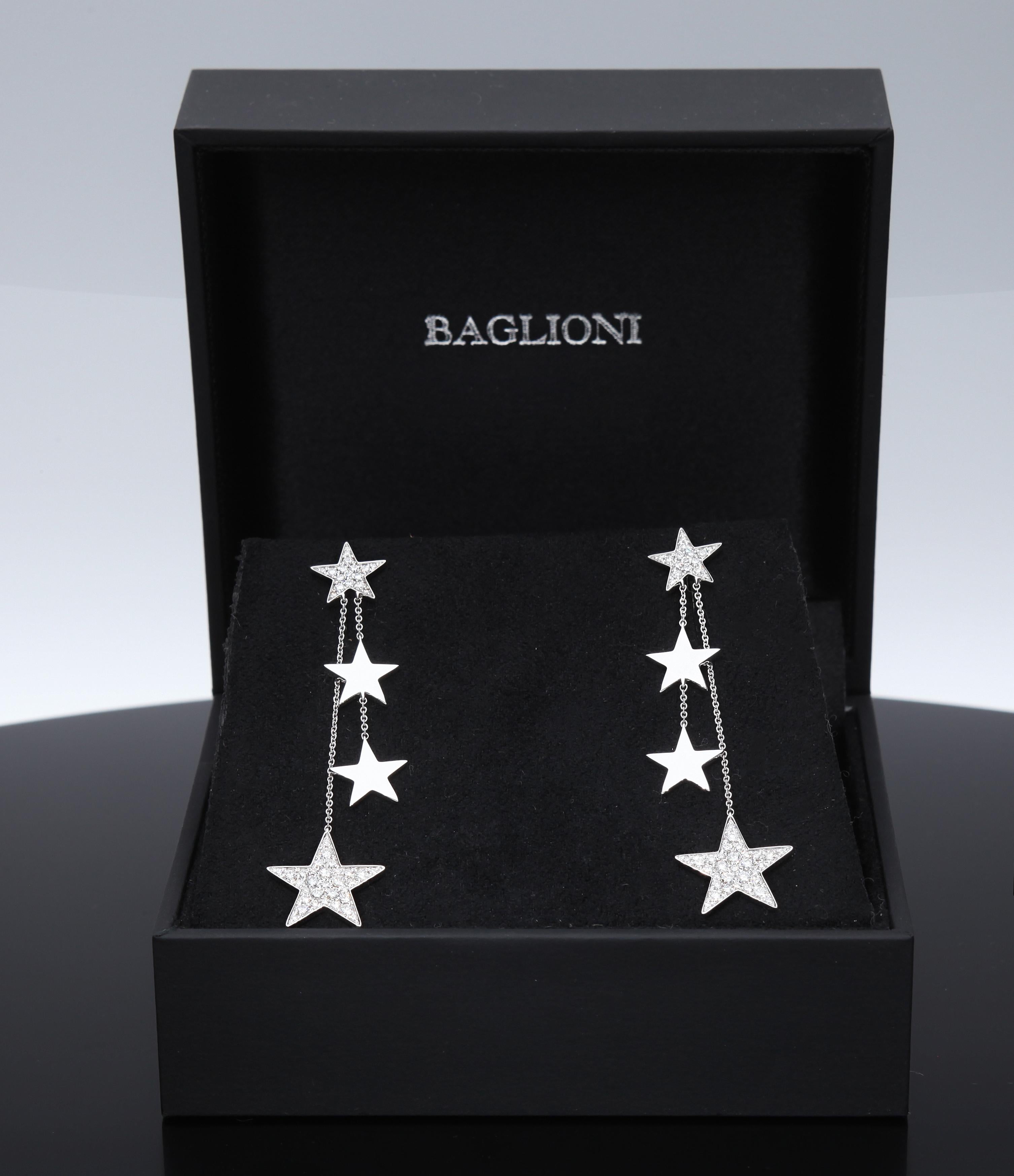 Earrings with Pendent Diamond Stars 18 Karat White Gold For Sale 3