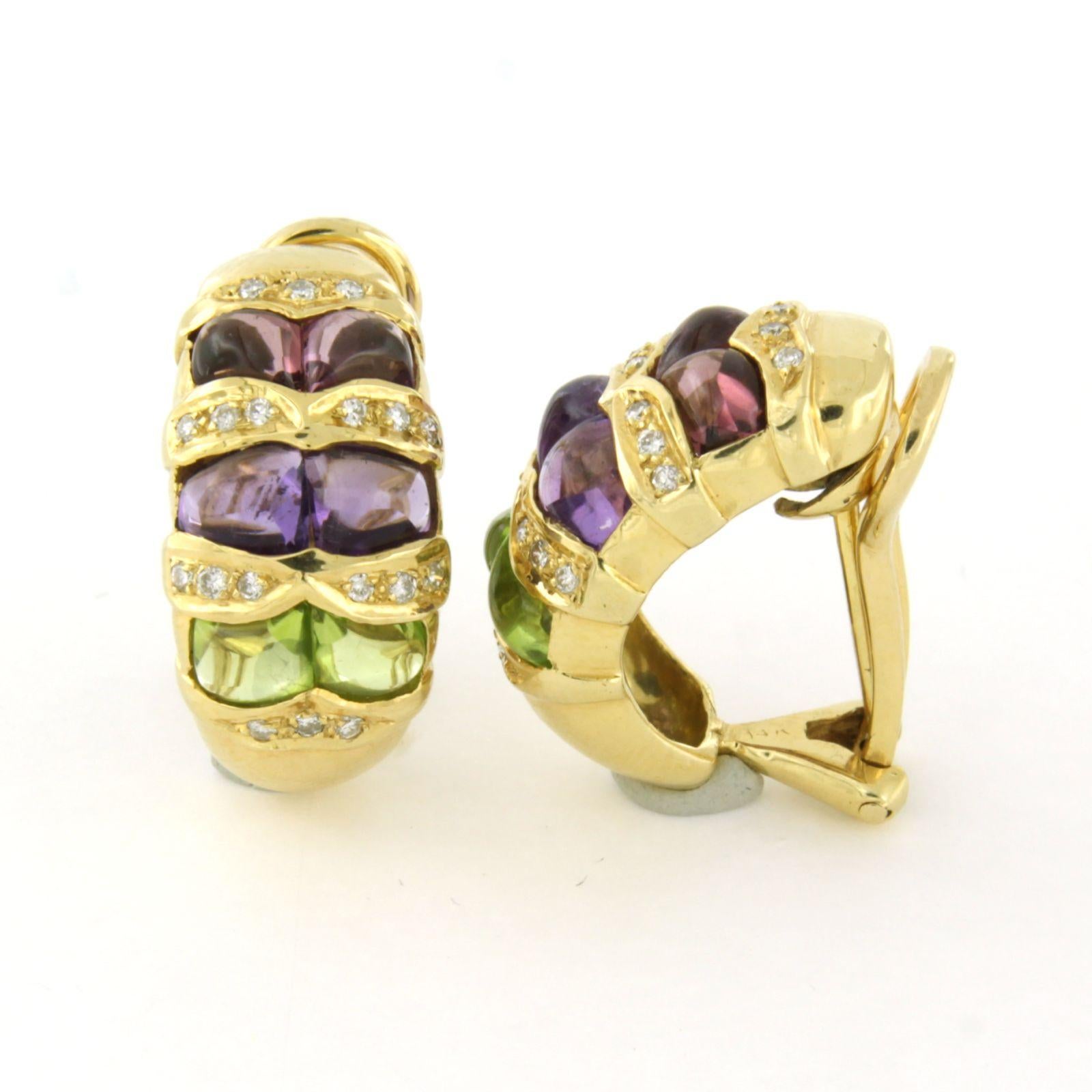 Moderne Boucles d'oreilles avec péridot, améthyste et diamants taille brillant jusqu'à 0,20ct Or 14k en vente