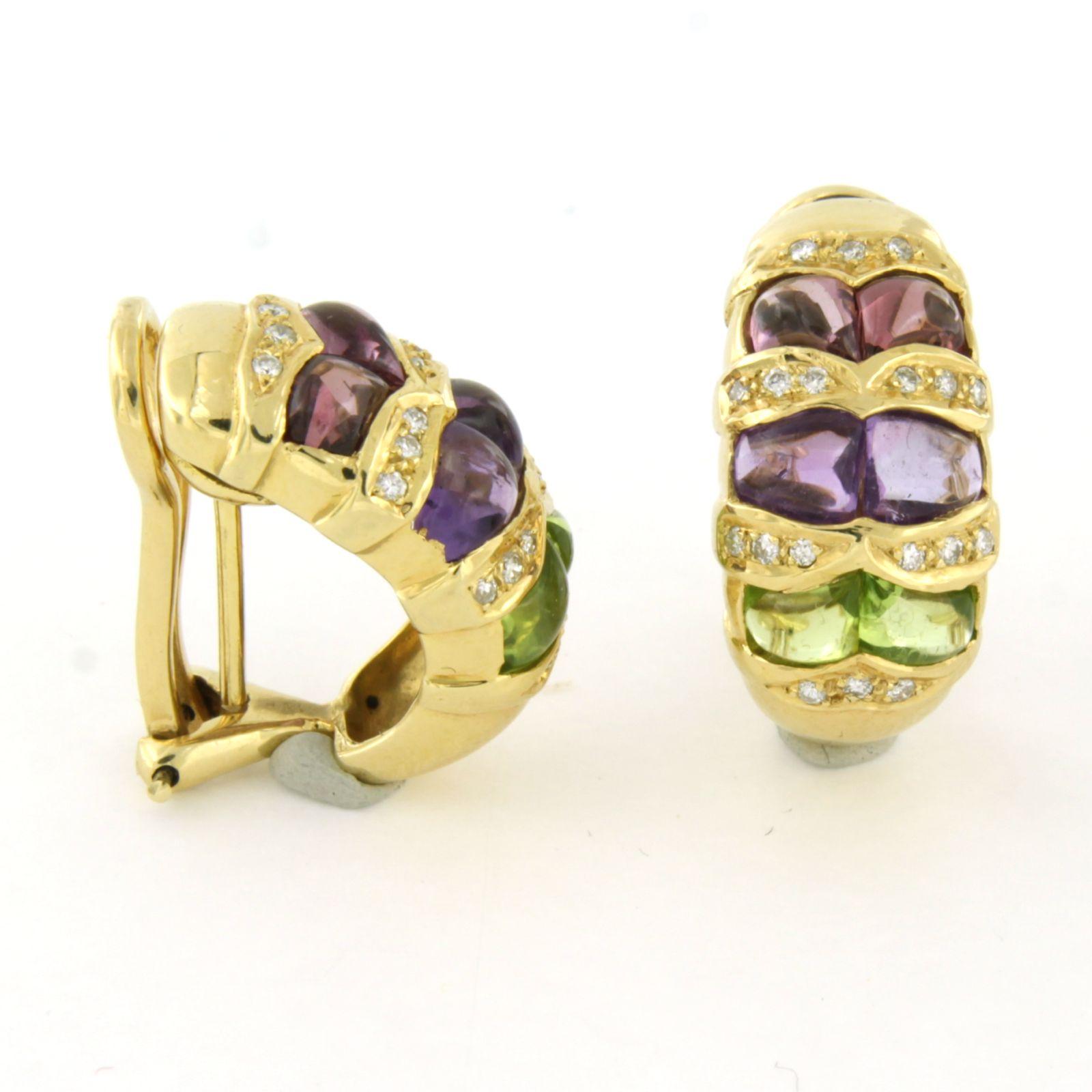 Taille brillant Boucles d'oreilles avec péridot, améthyste et diamants taille brillant jusqu'à 0,20ct Or 14k en vente