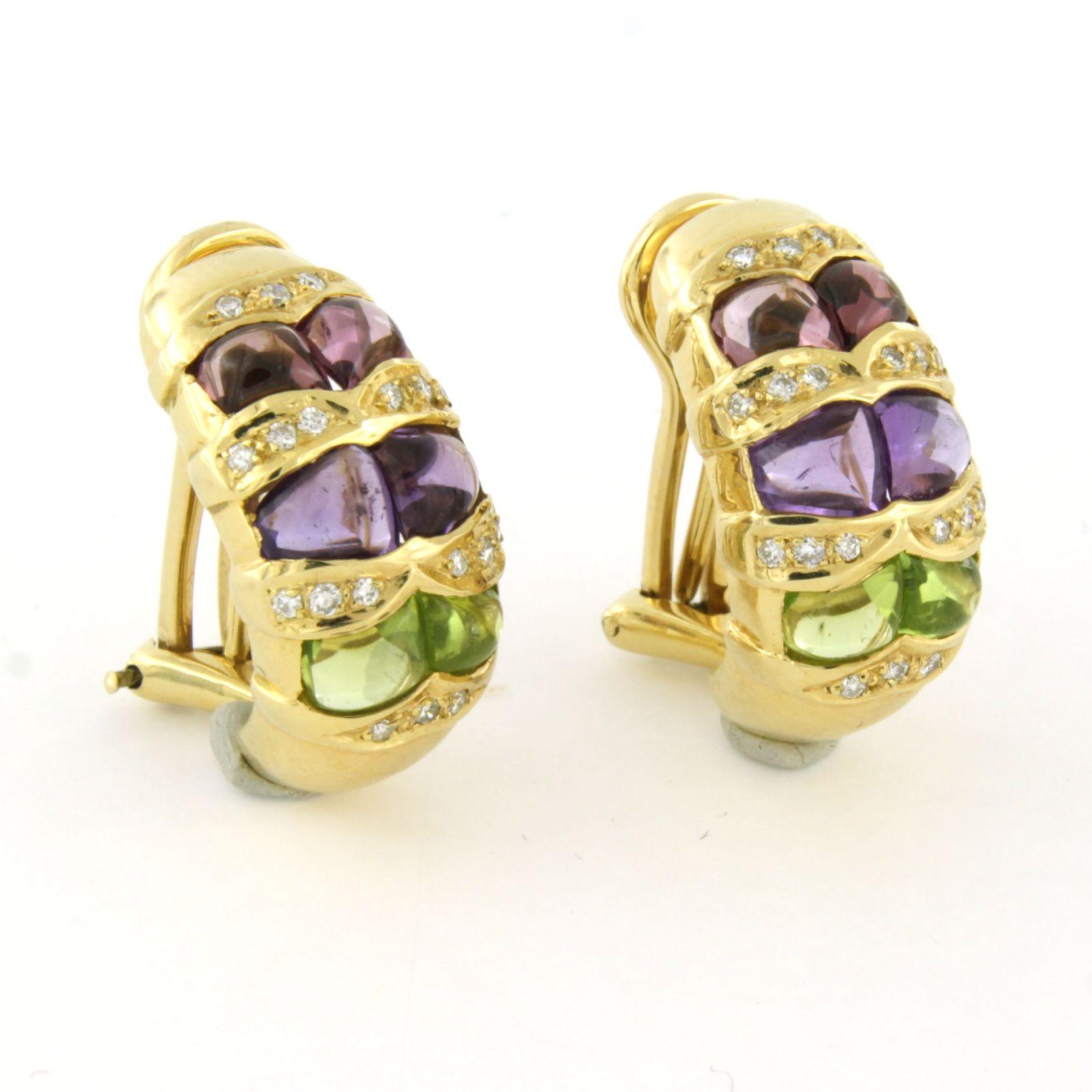 Boucles d'oreilles avec péridot, améthyste et diamants taille brillant jusqu'à 0,20ct Or 14k Excellent état - En vente à The Hague, ZH