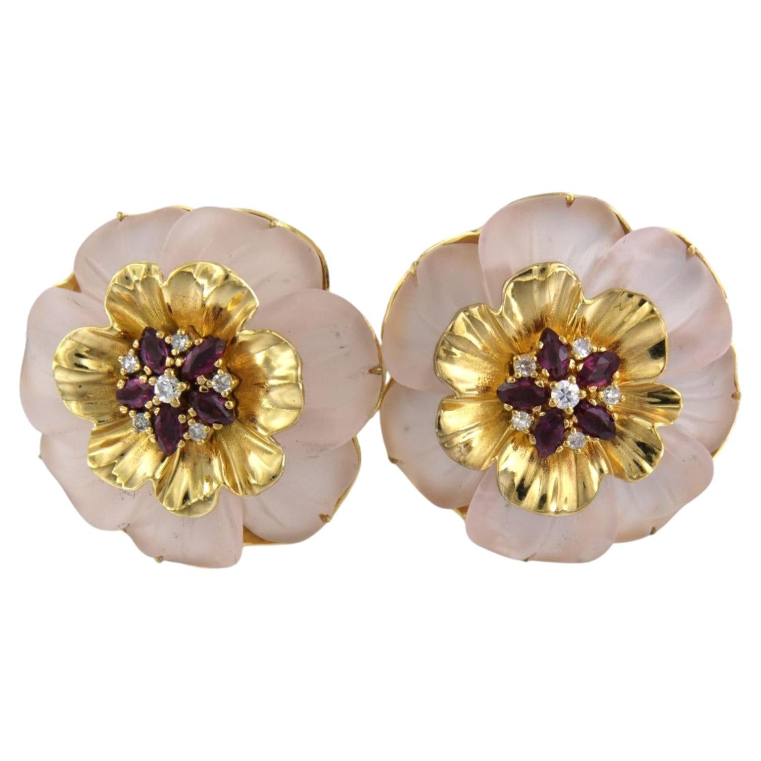 Earrings with pink quartz, ruby and single cut diamonds 18k gold 23.2 grams