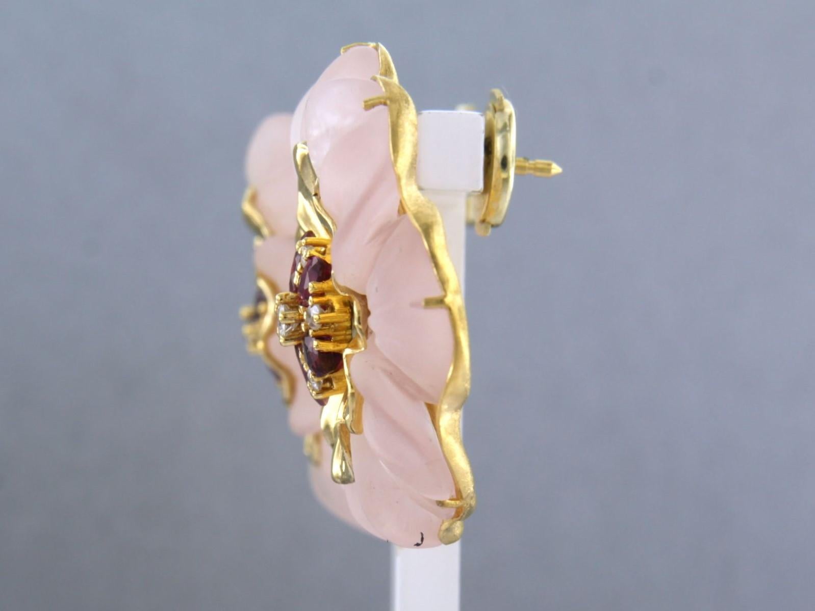 Modern Earrings with pink quartz, ruby and single cut diamonds up to 0.20ct 18k gold For Sale