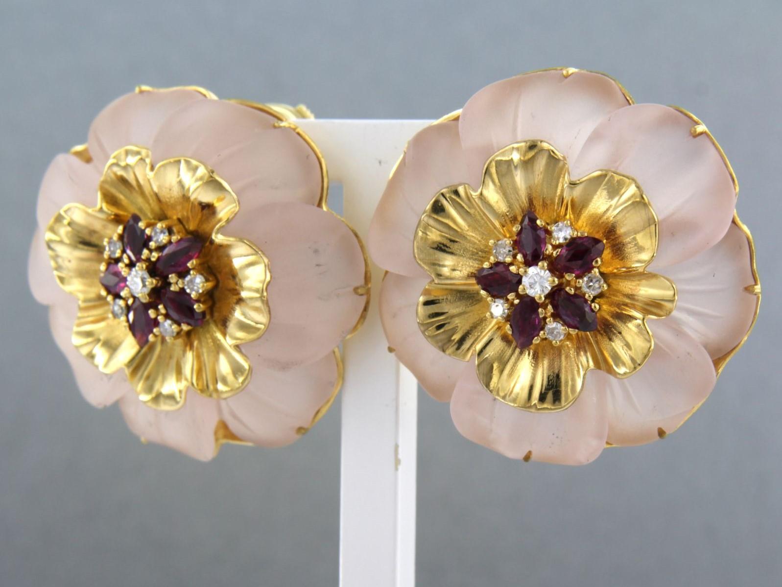 Earrings with pink quartz, ruby and single cut diamonds up to 0.20ct 18k gold In Excellent Condition For Sale In The Hague, ZH