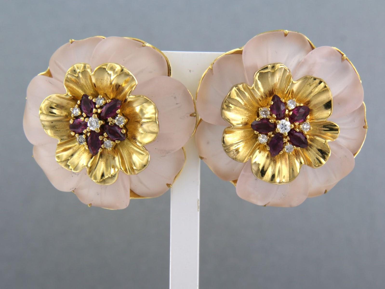 Earrings with pink quartz, ruby and single cut diamonds up to 0.20ct 18k gold For Sale 1
