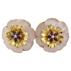 Earrings with pink quartz, ruby and single cut diamonds up to 0.20ct 18k gold