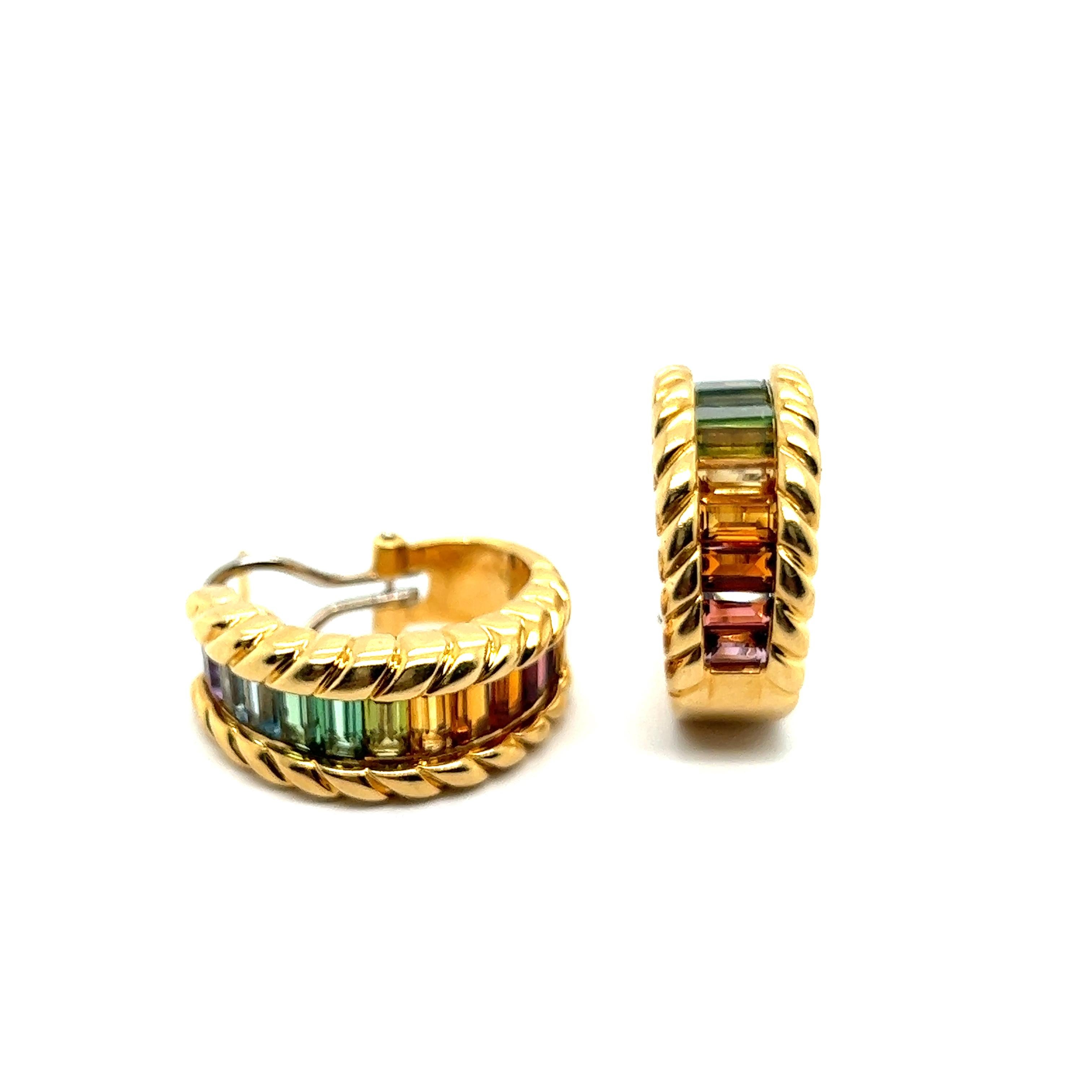 Baguette Cut Earrings with Rainbow Gemstones in 18 Karat Yellow Gold by Gübelin For Sale