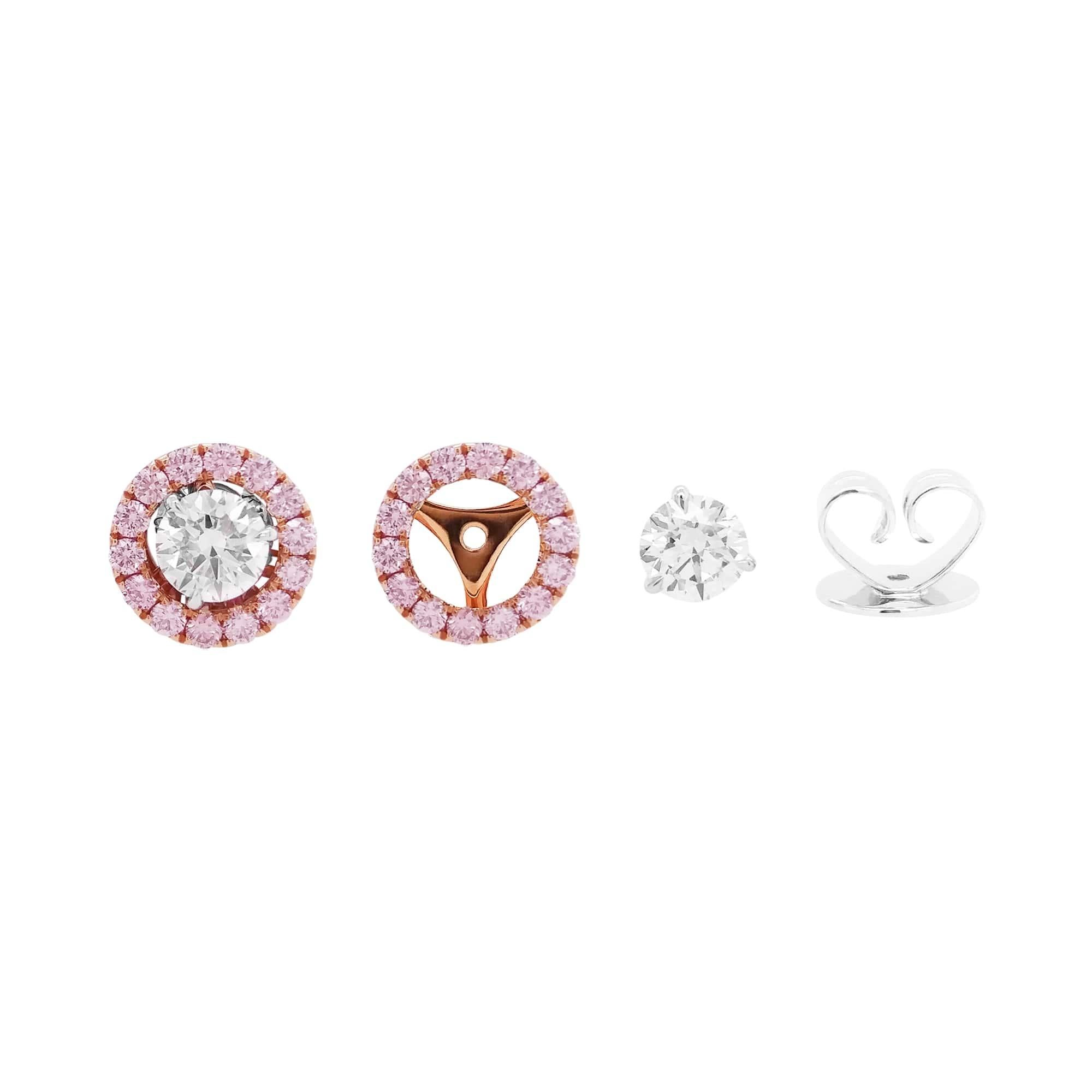 Preciosos pendientes con diamantes blancos redondos certificados por el GIA, bellamente decorados con un halo ajustable de raros diamantes rosas Argyle
- También se puede llevar sólo con diamantes blancos.

Diamante Blanco Certificado GIA - 0,60 cts