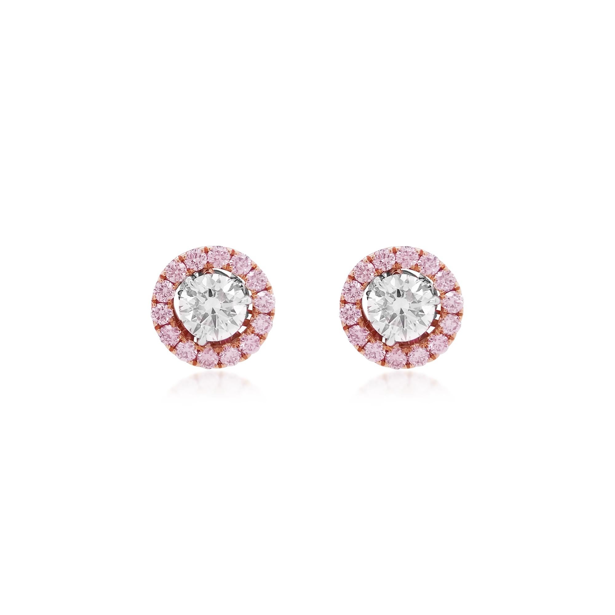 Pendientes de 2 vueltas de diamante blanco y diamante rosa con talla brillante redonda certificada por el GIA Contemporáneo en venta