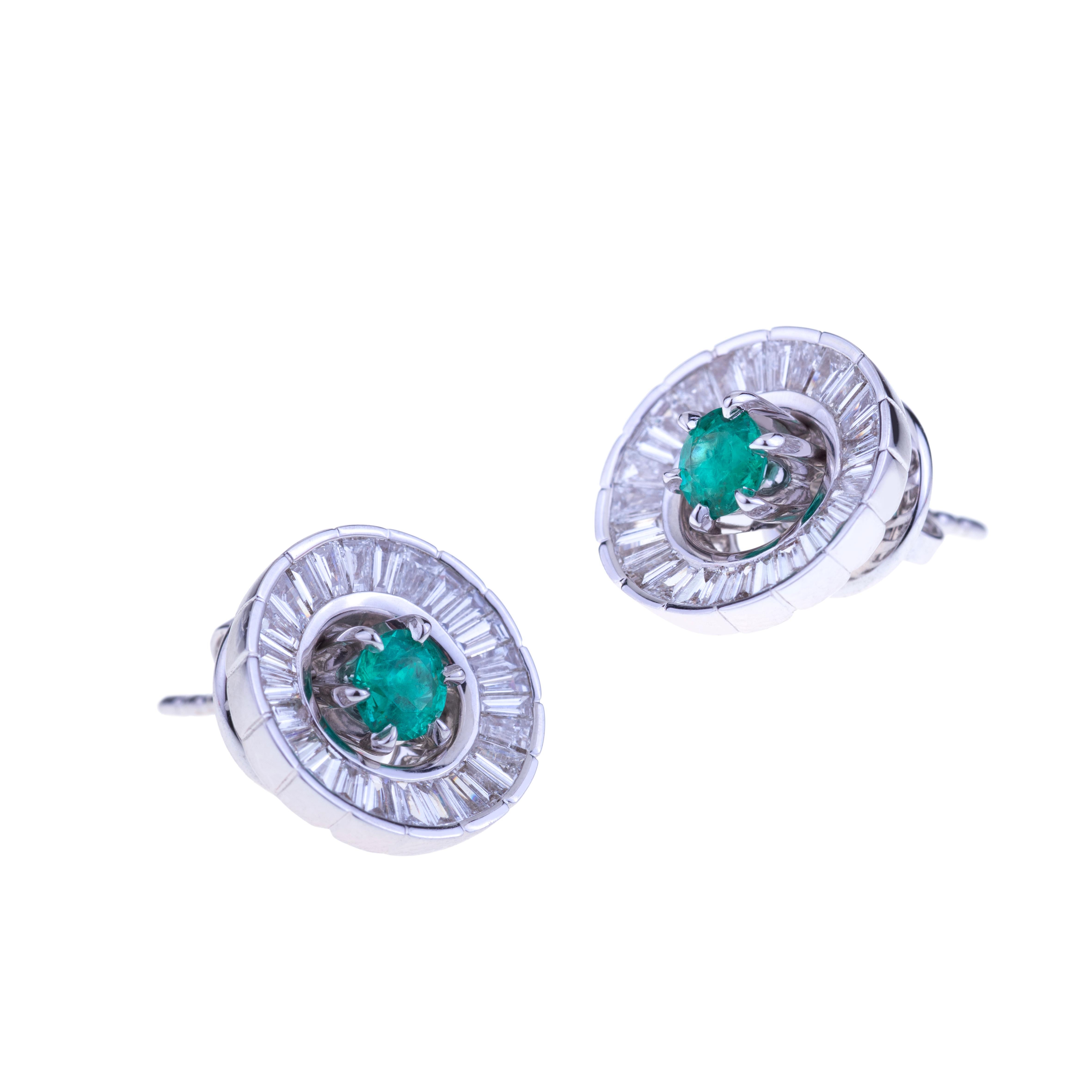 Contemporary Earrings with Removable Round Emeralds from the Circle of Baguette Diamonds For Sale