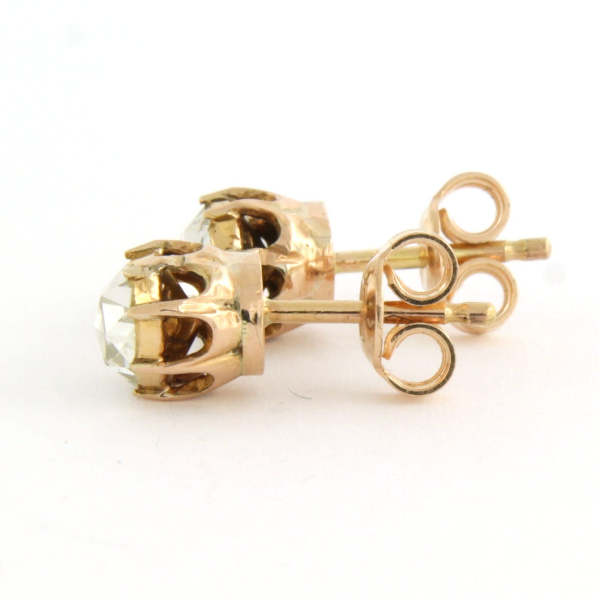 14k pink gold solitaire stud earrings with rose-cut diamonds up to 0.70 ct – G/H – SI

Detailed description:

The stud earrings are 6.5 mm wide by 6.5 mm deep

Total weight: 2.3 grams

Set with:

- 2 x 6.3 mm rose-cut diamonds totaling approximately
