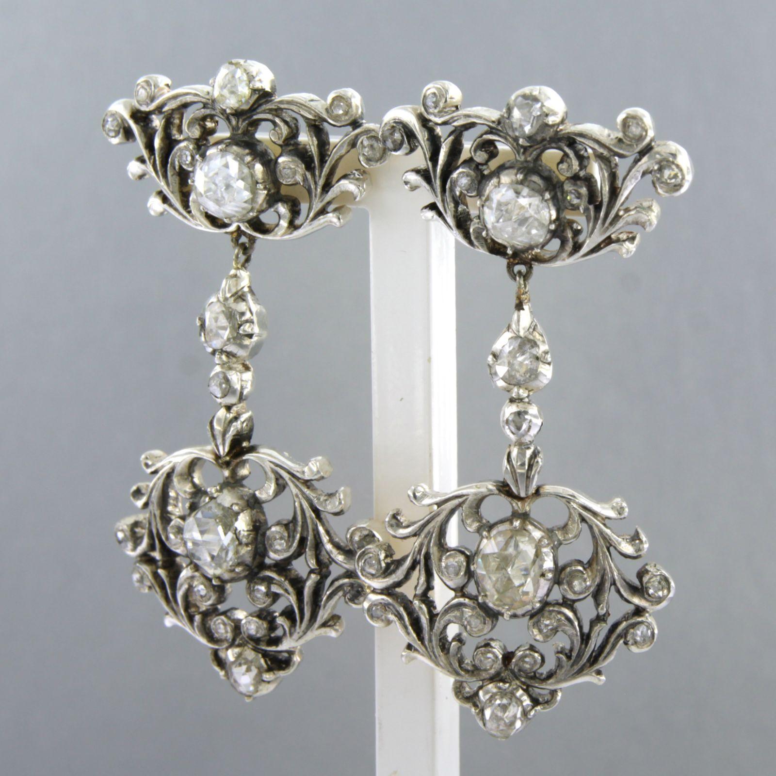Earrings with rose cut diamonds up to 2.00ct 14k gold and silver In Excellent Condition For Sale In The Hague, ZH
