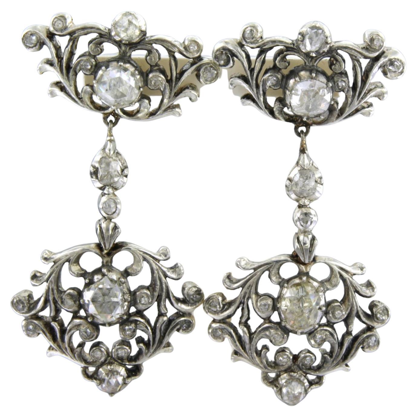 Earrings with rose cut diamonds up to 2.00ct 14k gold and silver For Sale