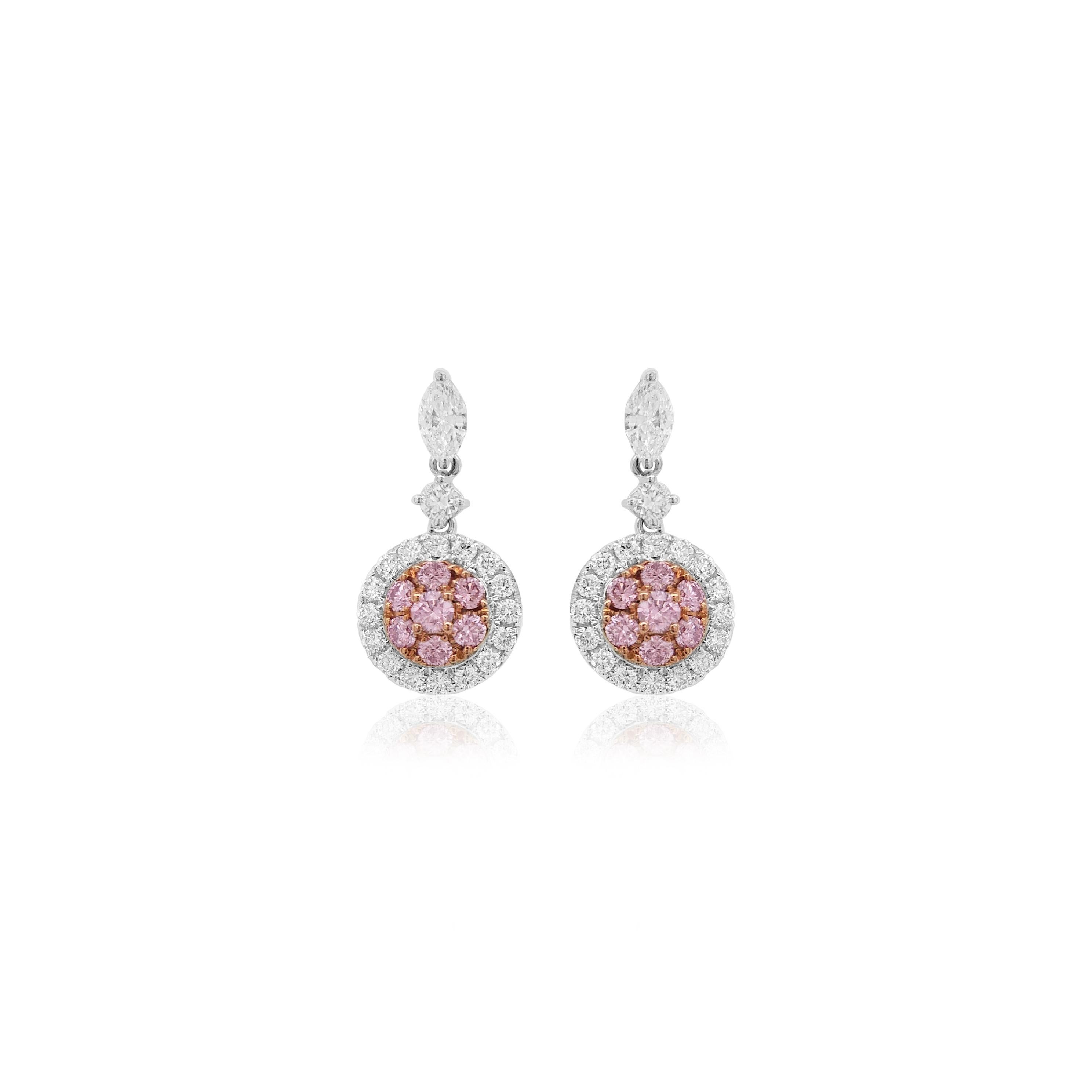Pendientes con diamantes Argyle Pink de talla brillante redonda Diamantes blancos Oro de 18 quilates Contemporáneo en venta