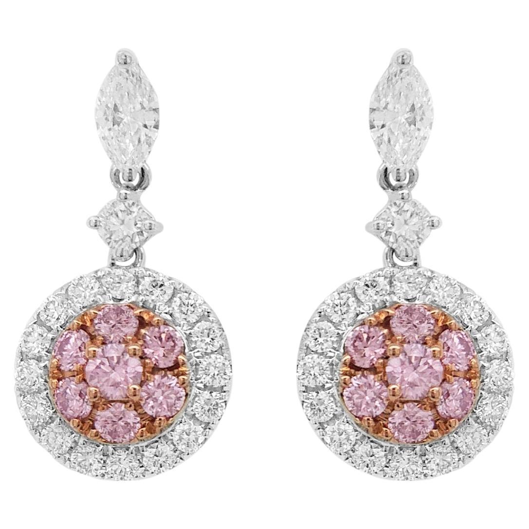 Pendientes con diamantes Argyle Pink de talla brillante redonda Diamantes blancos Oro de 18 quilates