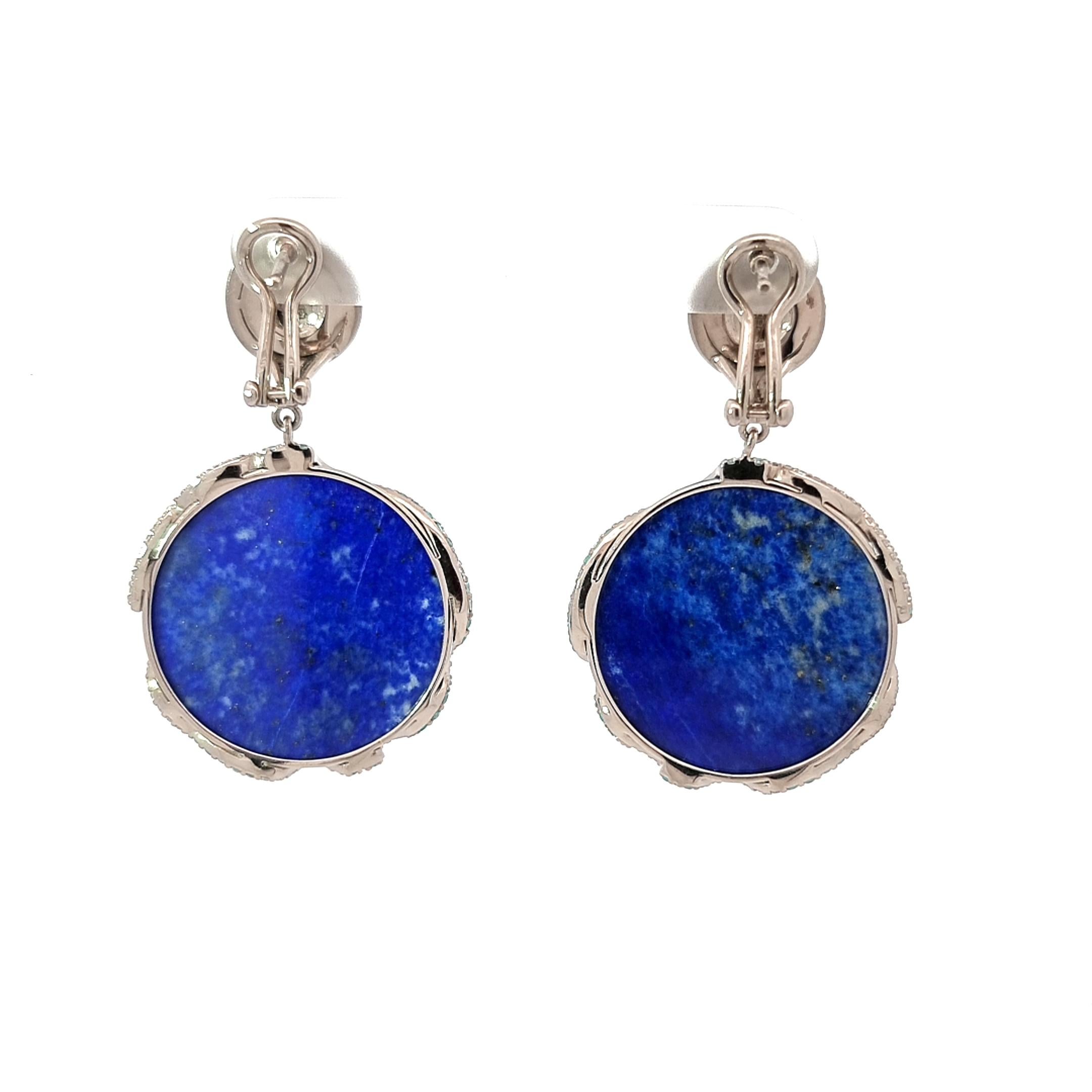 Earrings with Round Slabs of Lapis Lazuli, Diamonds, Blue Sapphires, Paraibas In New Condition For Sale In ประเวศ, TH