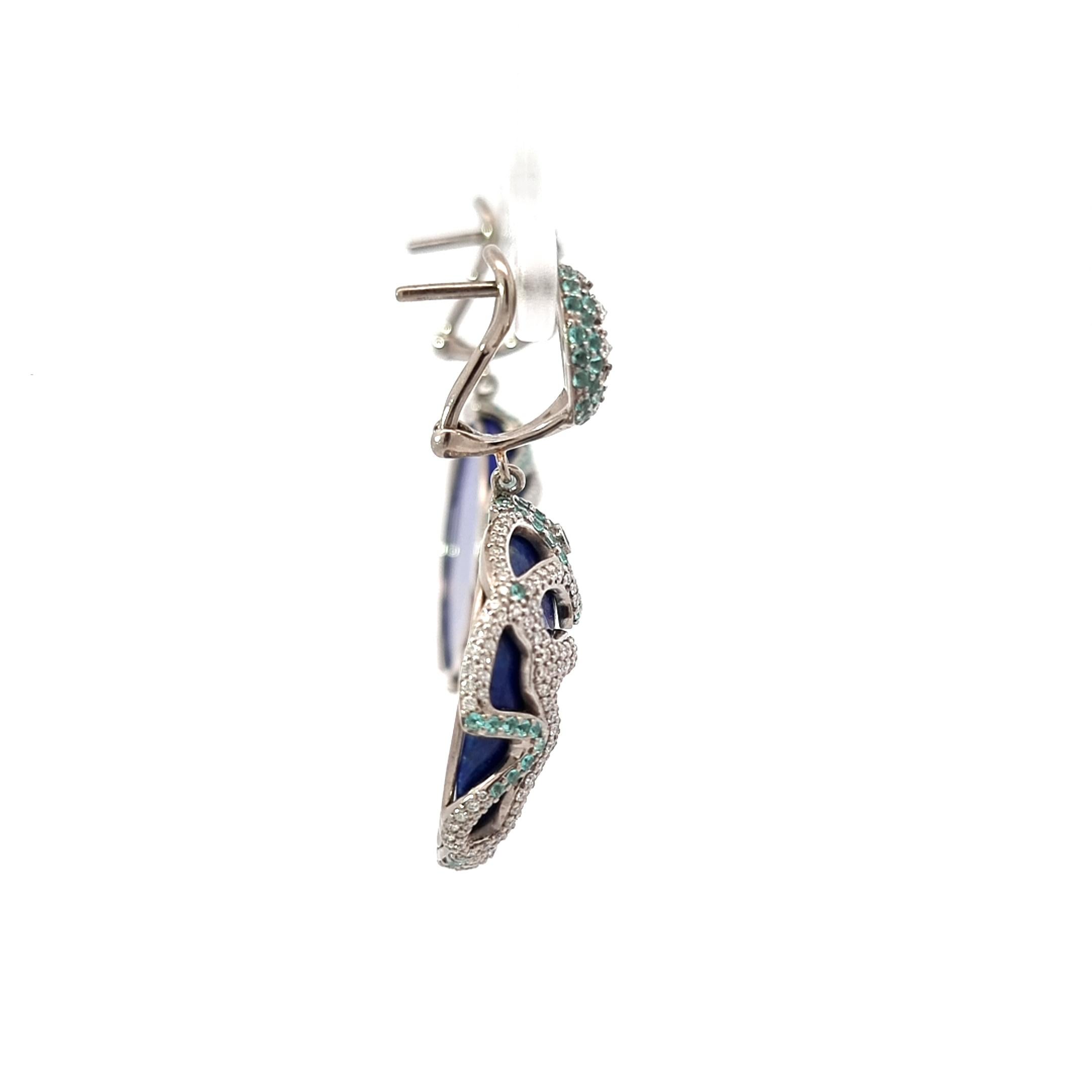 Ohrringe mit runden Lapislazuli-Scheiben, Diamanten, blauen Saphiren, Paraibas für Damen oder Herren im Angebot