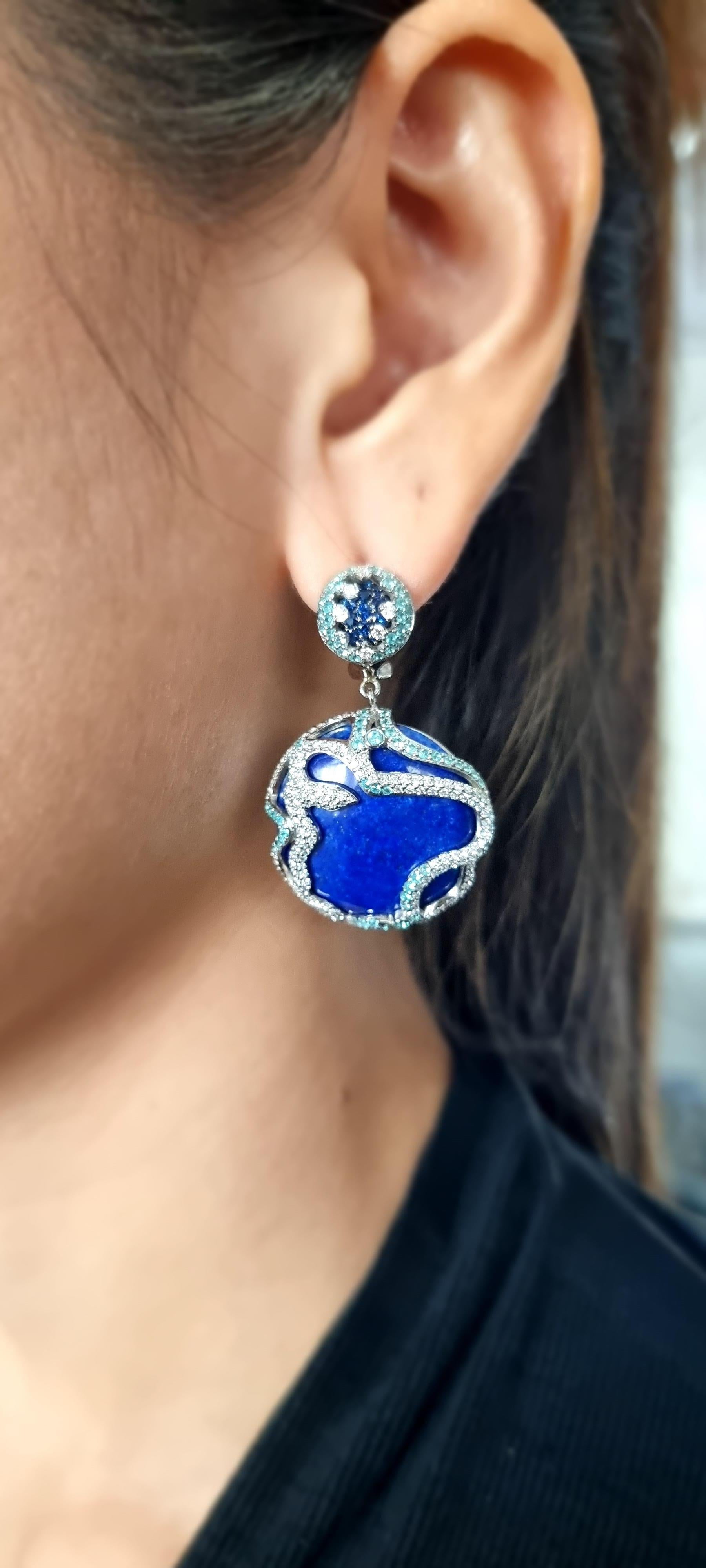 Earrings with Round Slabs of Lapis Lazuli, Diamonds, Blue Sapphires, Paraibas For Sale 1