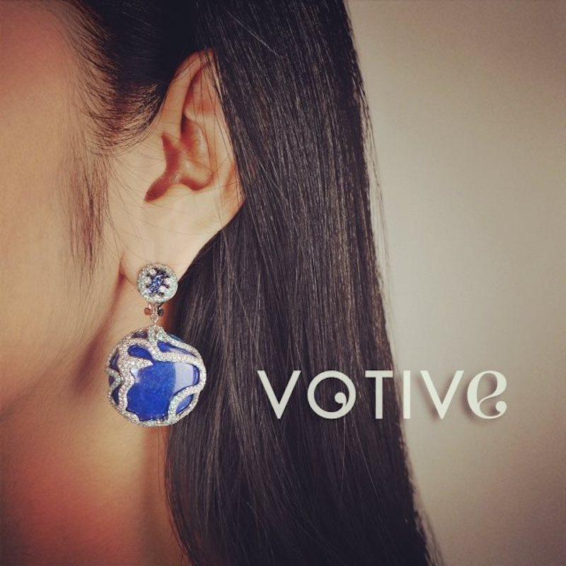 Earrings with Round Slabs of Lapis Lazuli, Diamonds, Blue Sapphires, Paraibas For Sale 2
