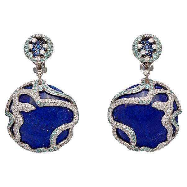 Earrings with Round Slabs of Lapis Lazuli, Diamonds, Blue Sapphires, Paraibas