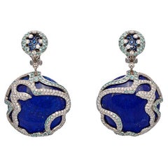Ohrringe mit runden Lapislazuli-Scheiben, Diamanten, blauen Saphiren, Paraibas