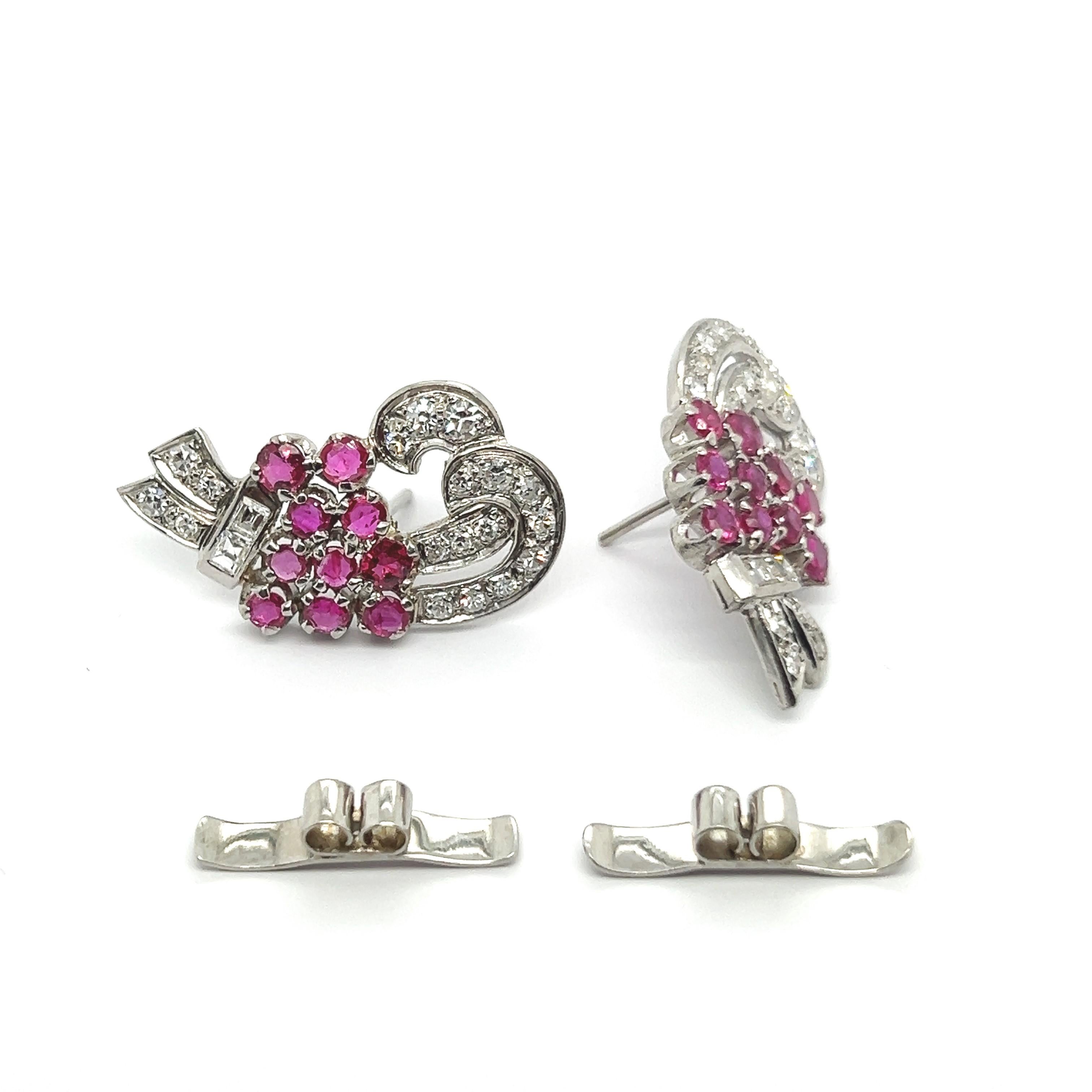 Mixed Cut Earrings with Rubies & Diamonds in Platinum 950 For Sale