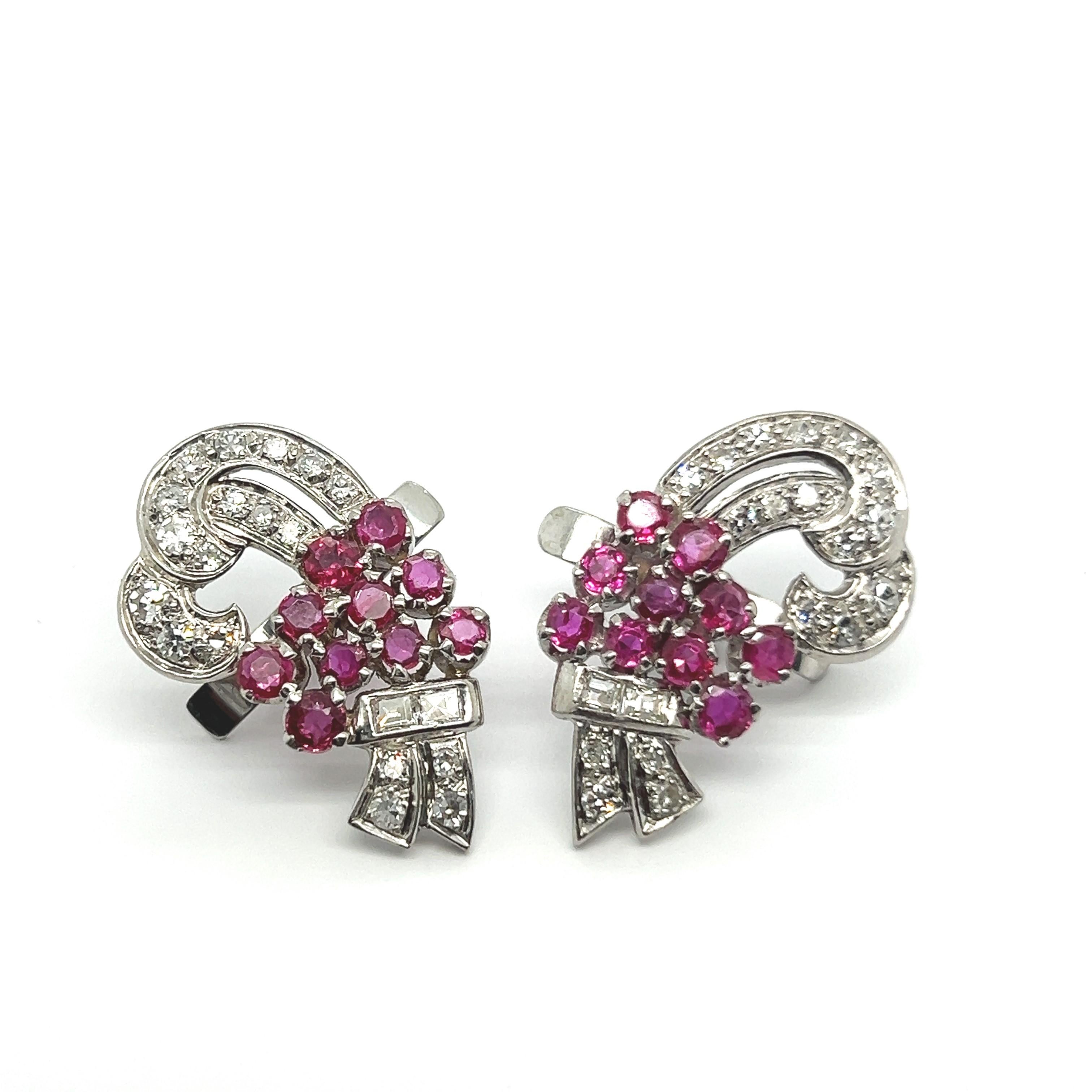Women's or Men's Earrings with Rubies & Diamonds in Platinum 950 For Sale