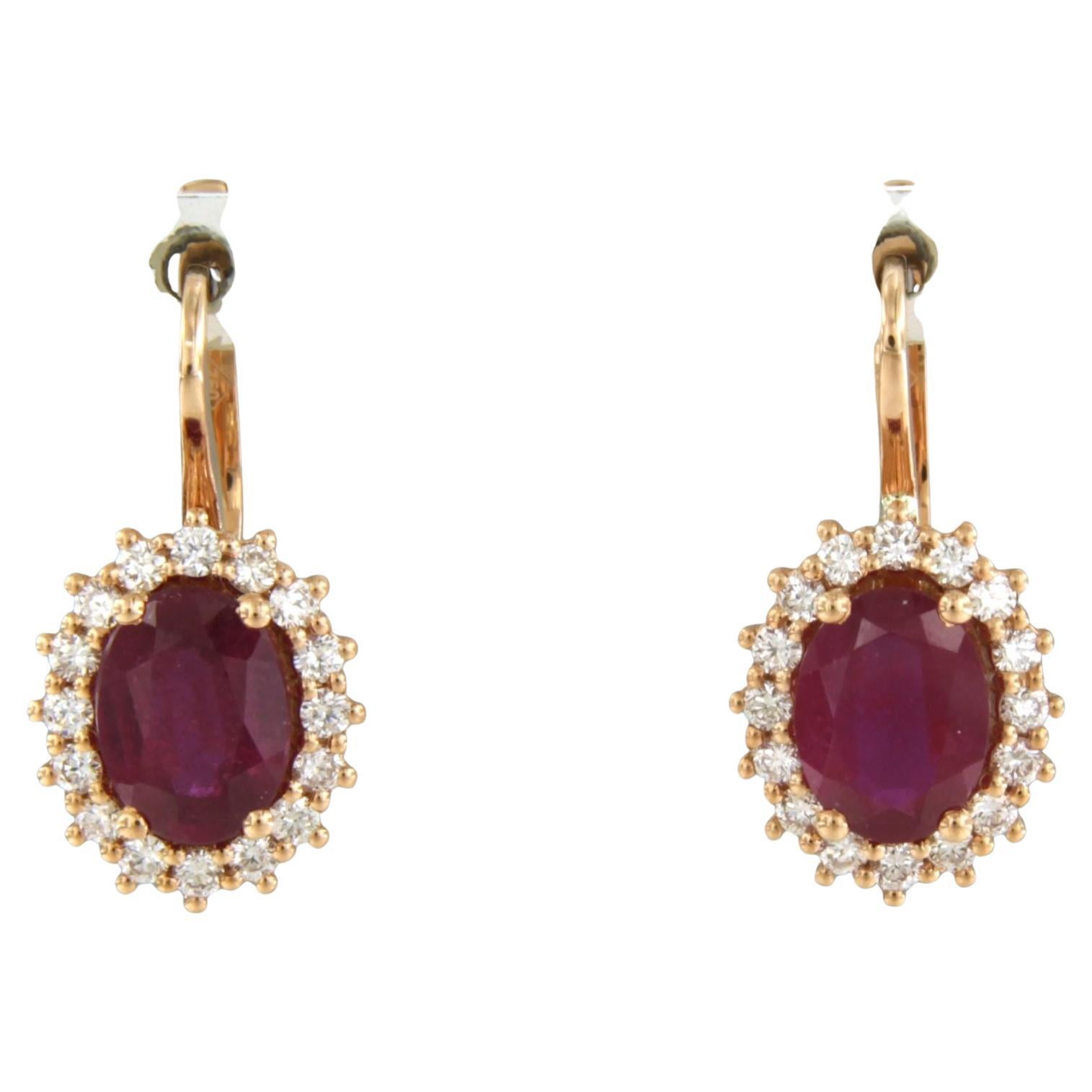 Earrings with ruby and billiant cut diamonds up to 0.32ct 18k pink gold 5.3 gram For Sale