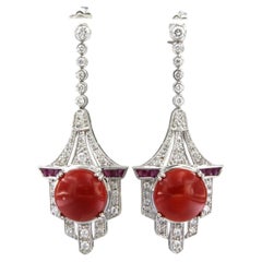 Earrings with ruby, coral and brilliant cut diamonds up to 1.26ct 14k gold