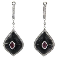 Earrings with ruby, onyx and single cut diamonds up to 0.40ct 14k white gold