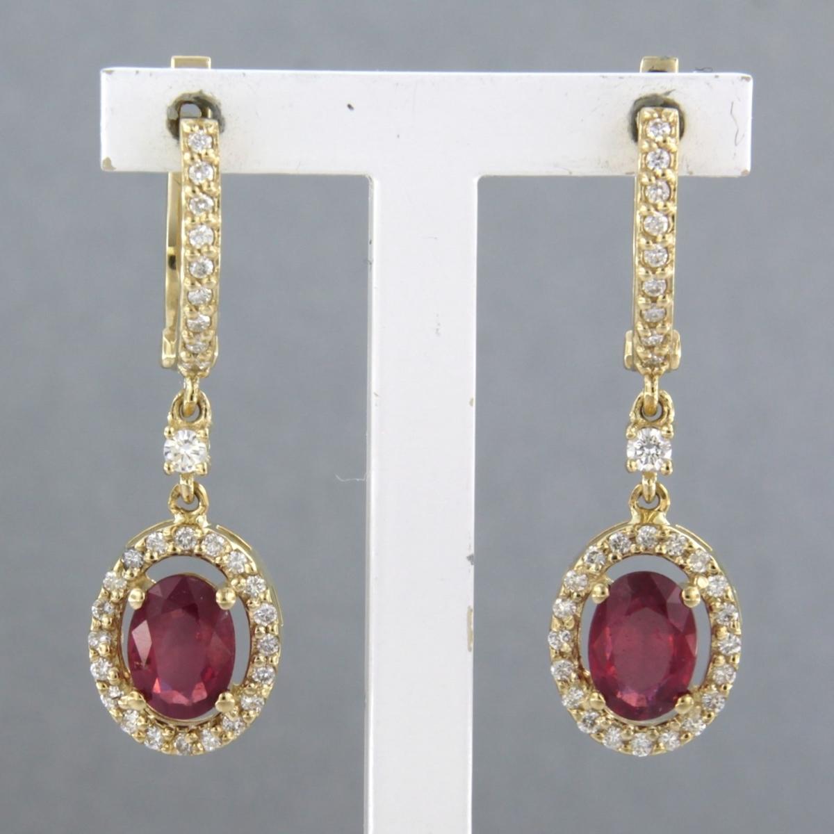 Earrings with ruby up to 1.70ct and brilliant cut diamonds up to 0.42ct 14k gold in vendita 1