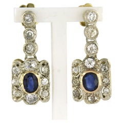 Earrings with sapphire and old ine cut diamonds up to 1.00ct 14k gold and silver