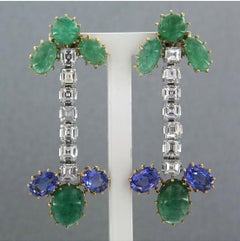 Earrings with tanzanite, emerald and square cut diamonds up to 3.00ct 18k gold