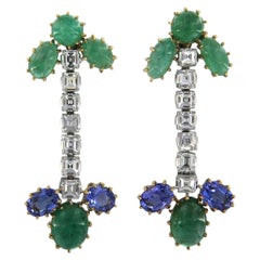 Earrings with tanzanite, emerald and square cut diamonds up to 3.00ct 18k gold