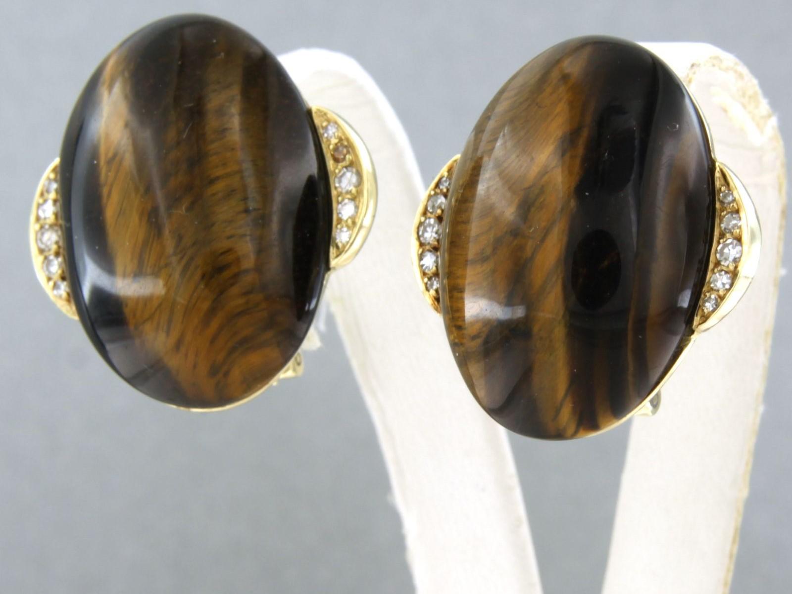Modern Earrings with Tiger's Eye and Diamond total 0.10ct, 14k yellow gold For Sale