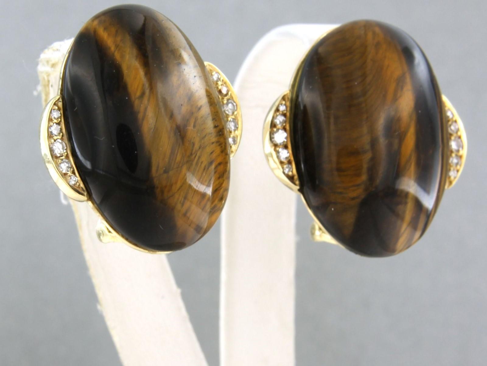 Single Cut Earrings with Tiger's Eye and Diamond total 0.10ct, 14k yellow gold For Sale