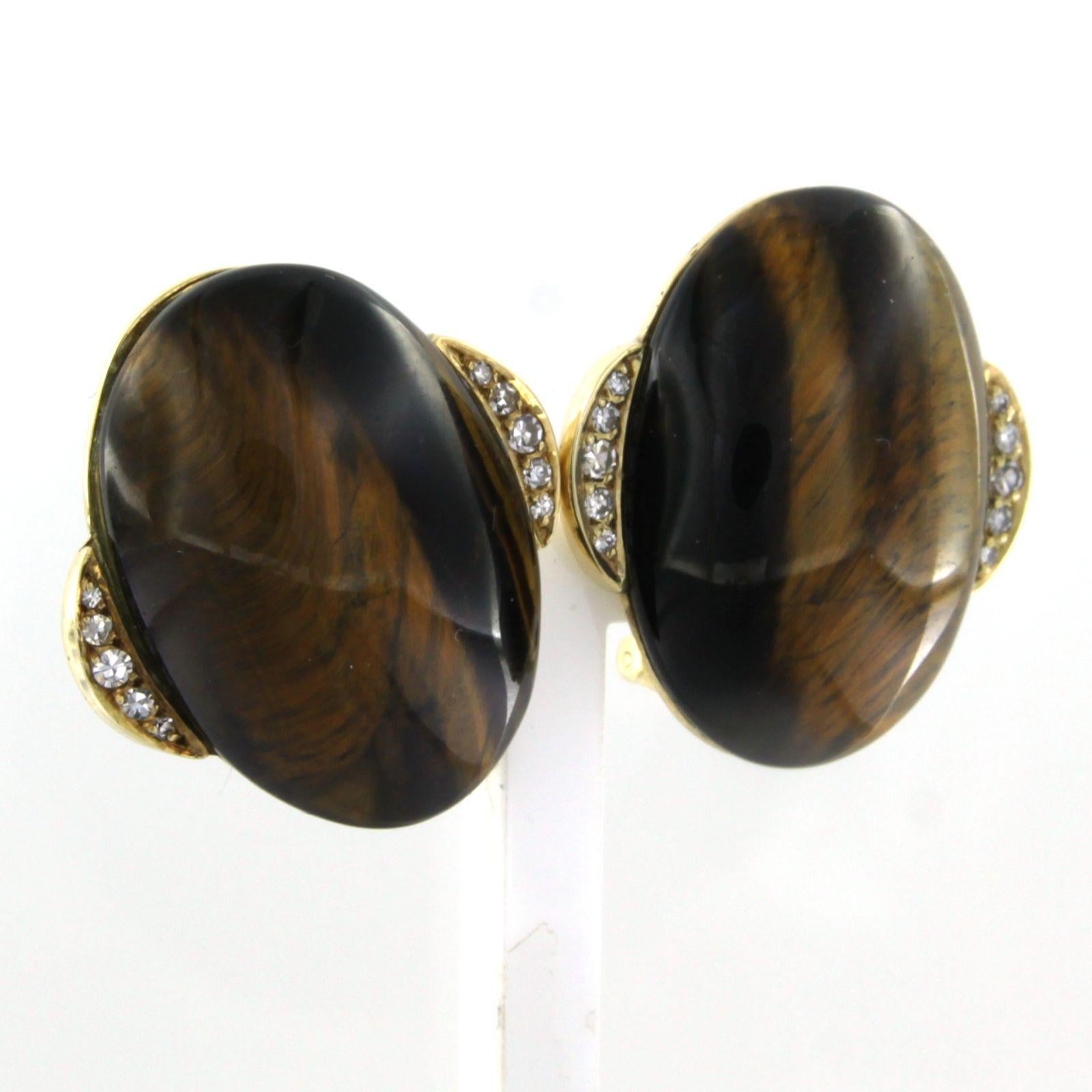 Modern Earrings with Tigers Eye and single cut diamond total 0.20ct, 14k yellow gold For Sale