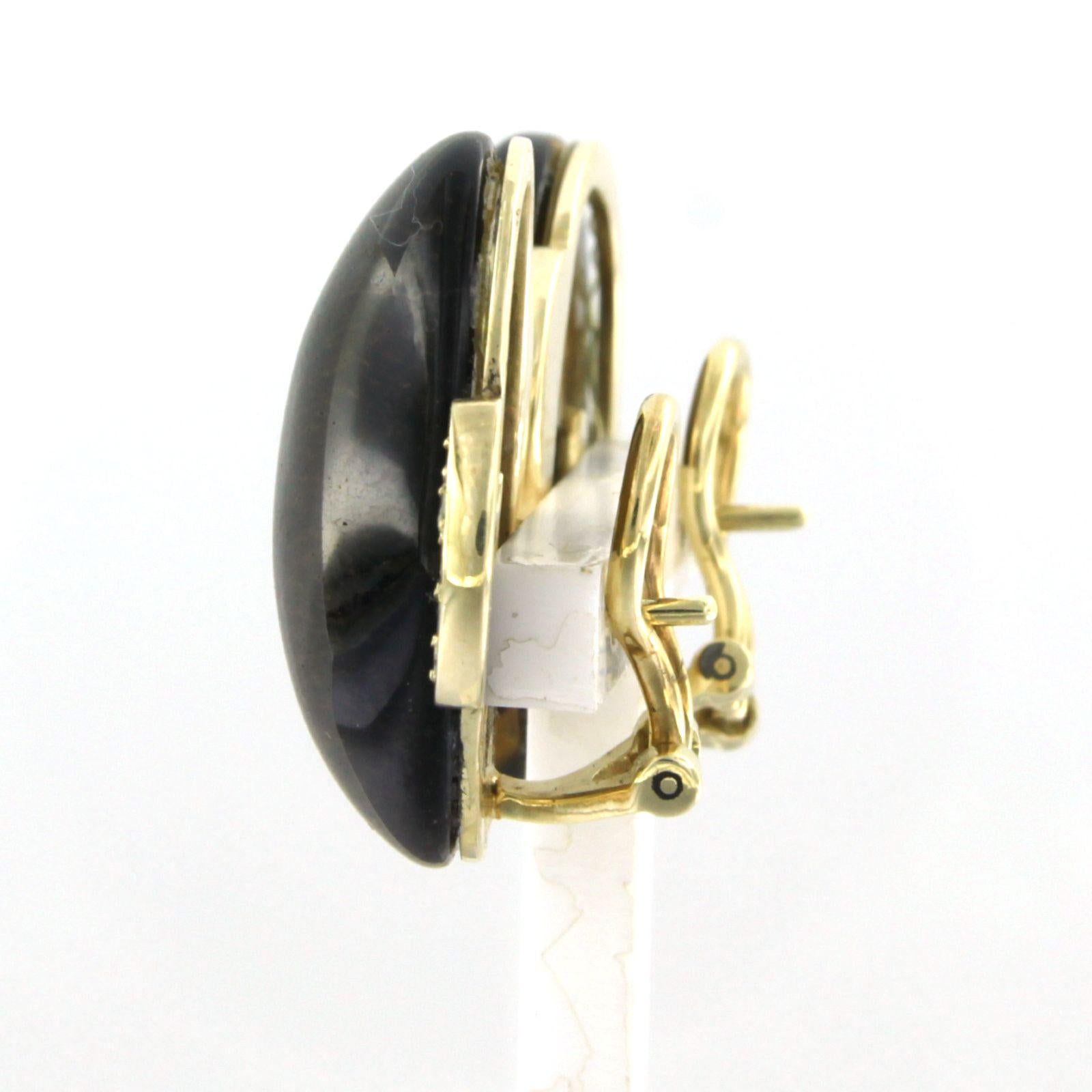 Single Cut Earrings with Tigers Eye and single cut diamond total 0.20ct, 14k yellow gold For Sale
