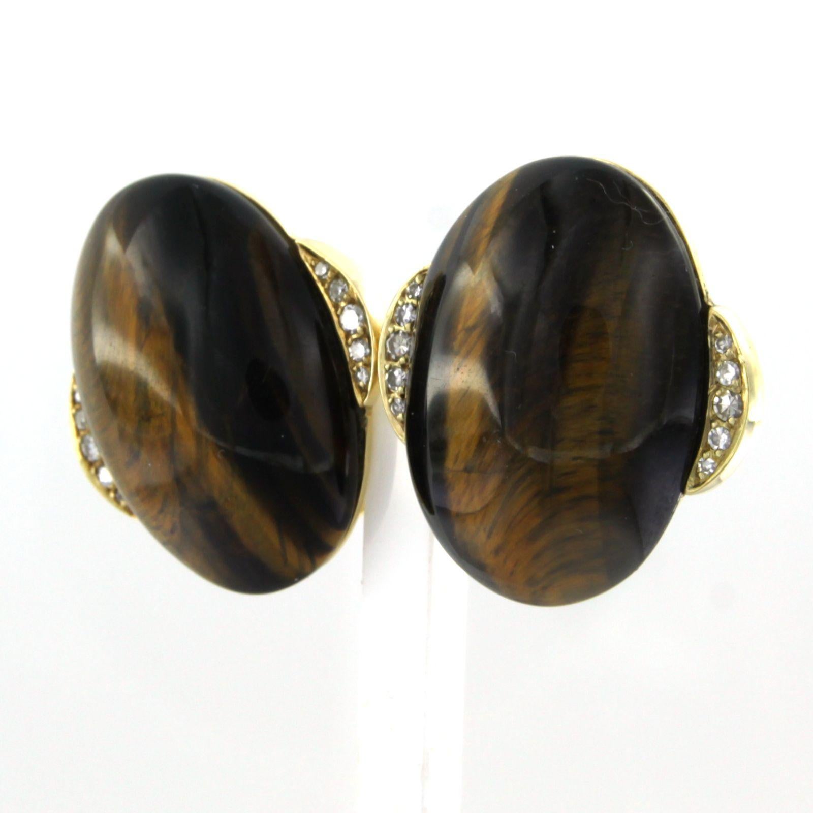 Earrings with Tigers Eye and single cut diamond total 0.20ct, 14k yellow gold In Excellent Condition For Sale In The Hague, ZH