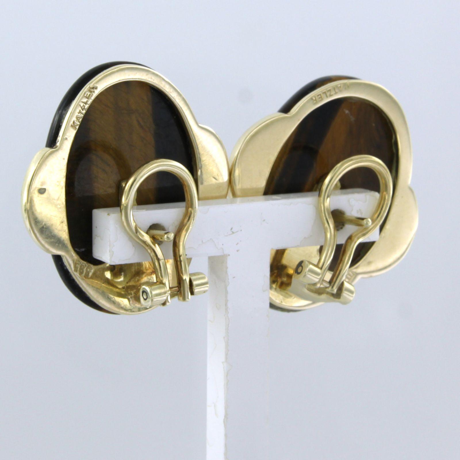 Women's Earrings with Tigers Eye and single cut diamond total 0.20ct, 14k yellow gold For Sale