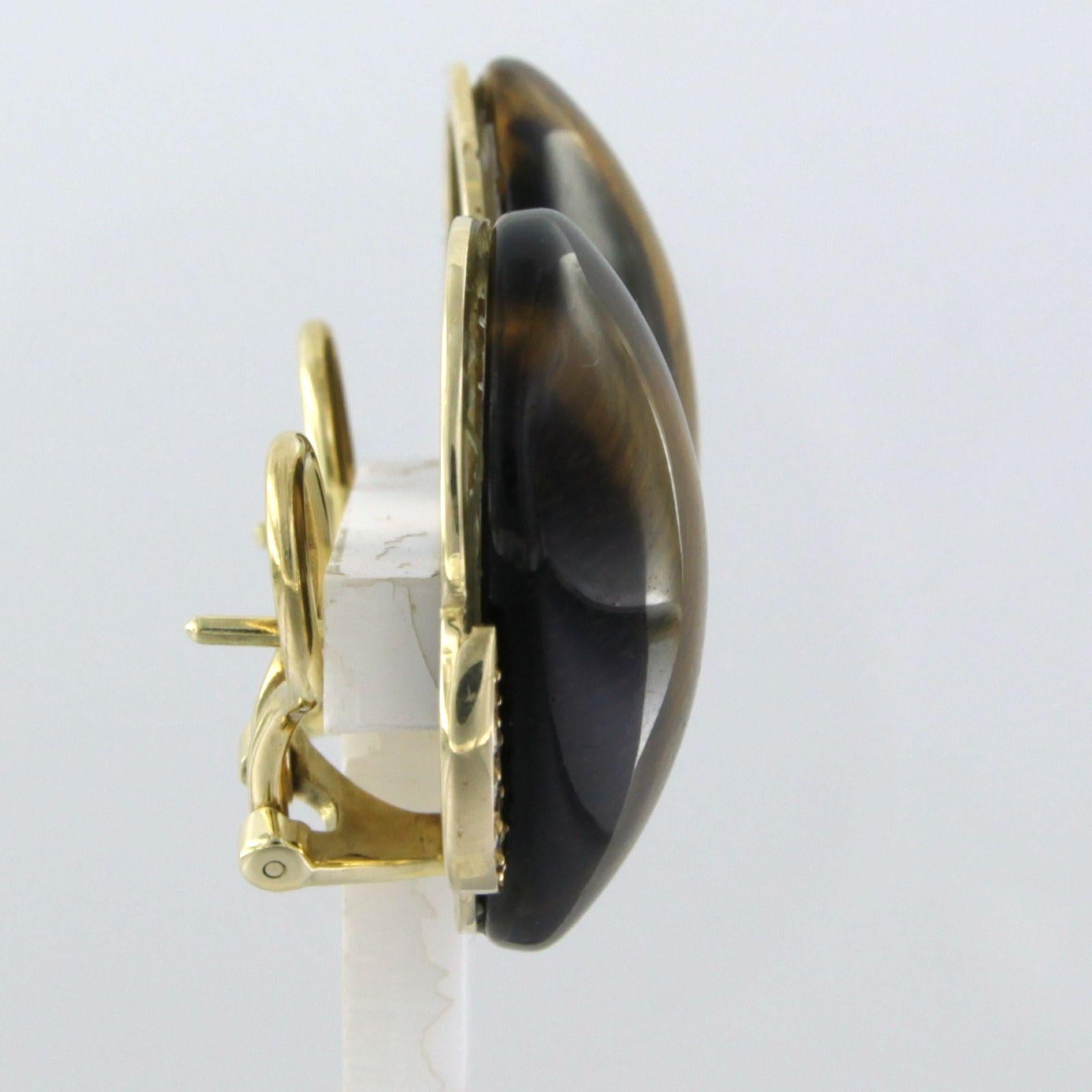 Earrings with Tigers Eye and single cut diamond total 0.20ct, 14k yellow gold For Sale 1